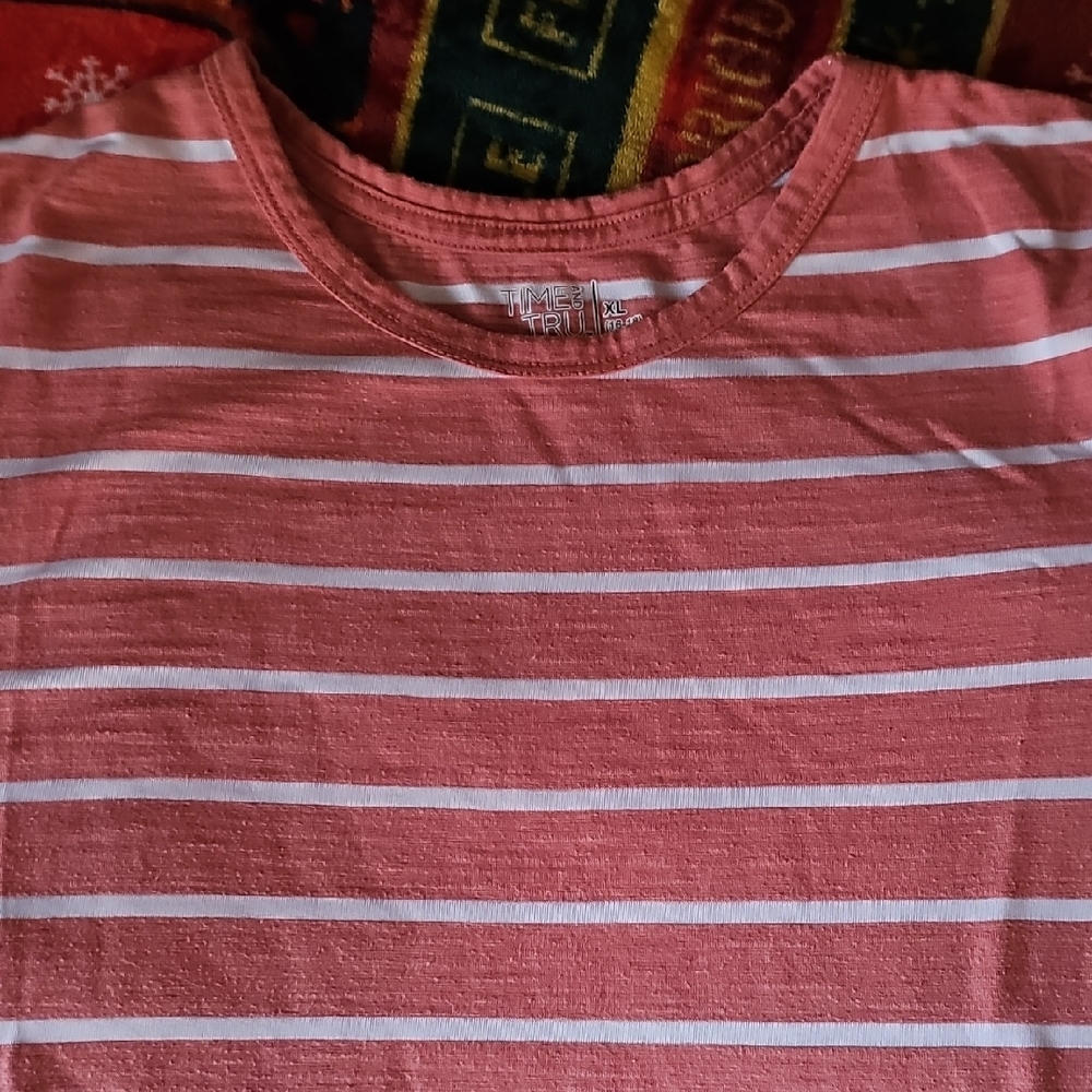 Time and Tru Coral and White Striped Short Sleeve Tee